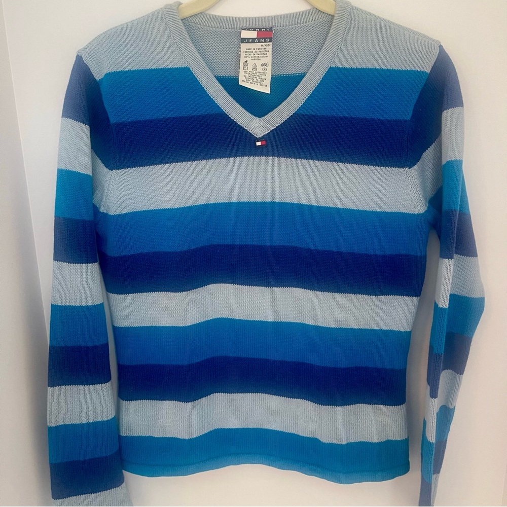 Vintage Tommy Hilfiger Womens Blue Striped Knit Sweater M 90s